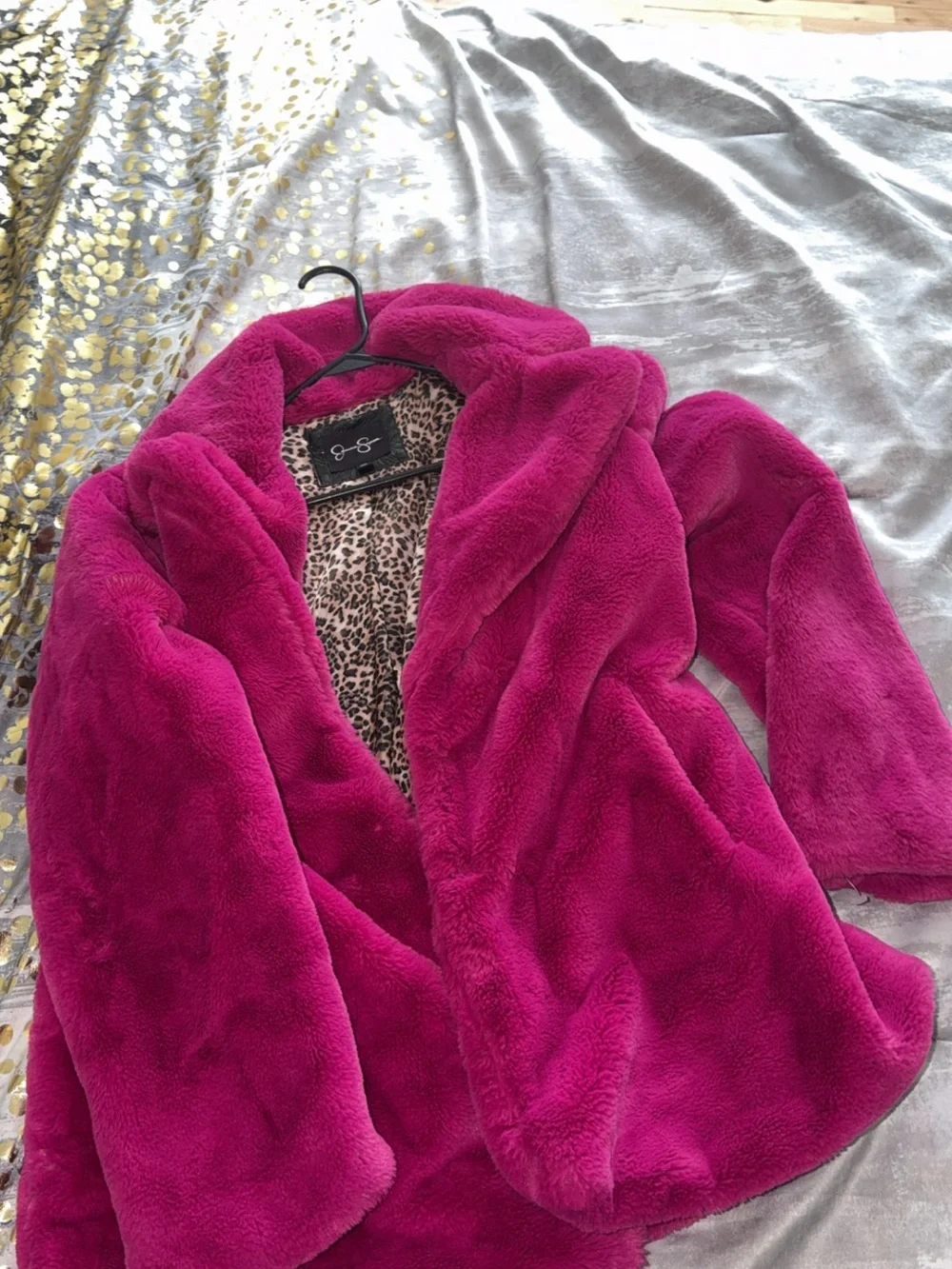 Betsey Johnson Fuchsia Plush Pea Coat with Leopard Lining